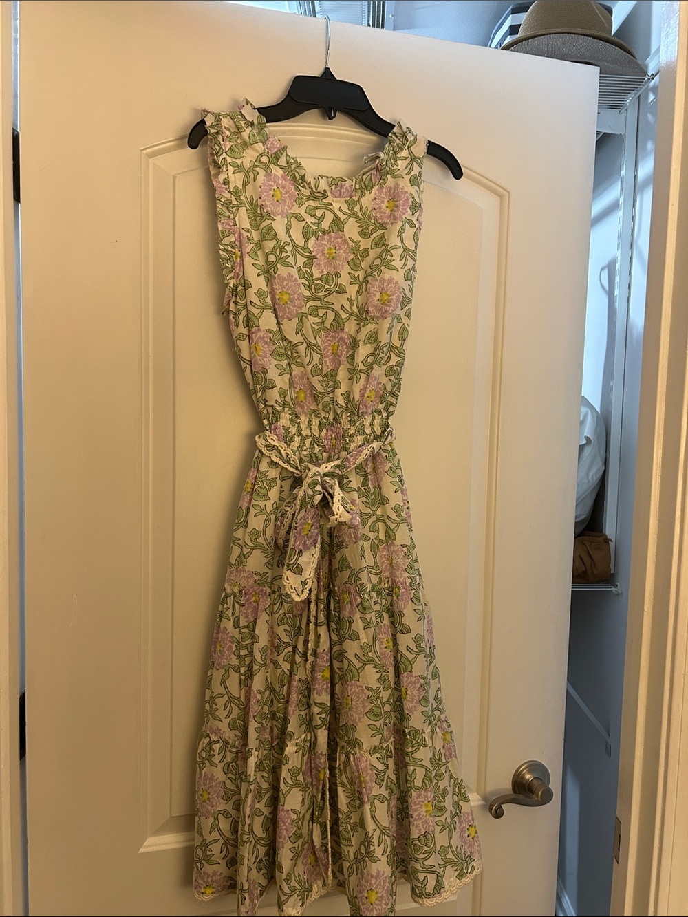 Roller Rabbit 
Floral Tie-Waist Midi Dress in Cream and Green